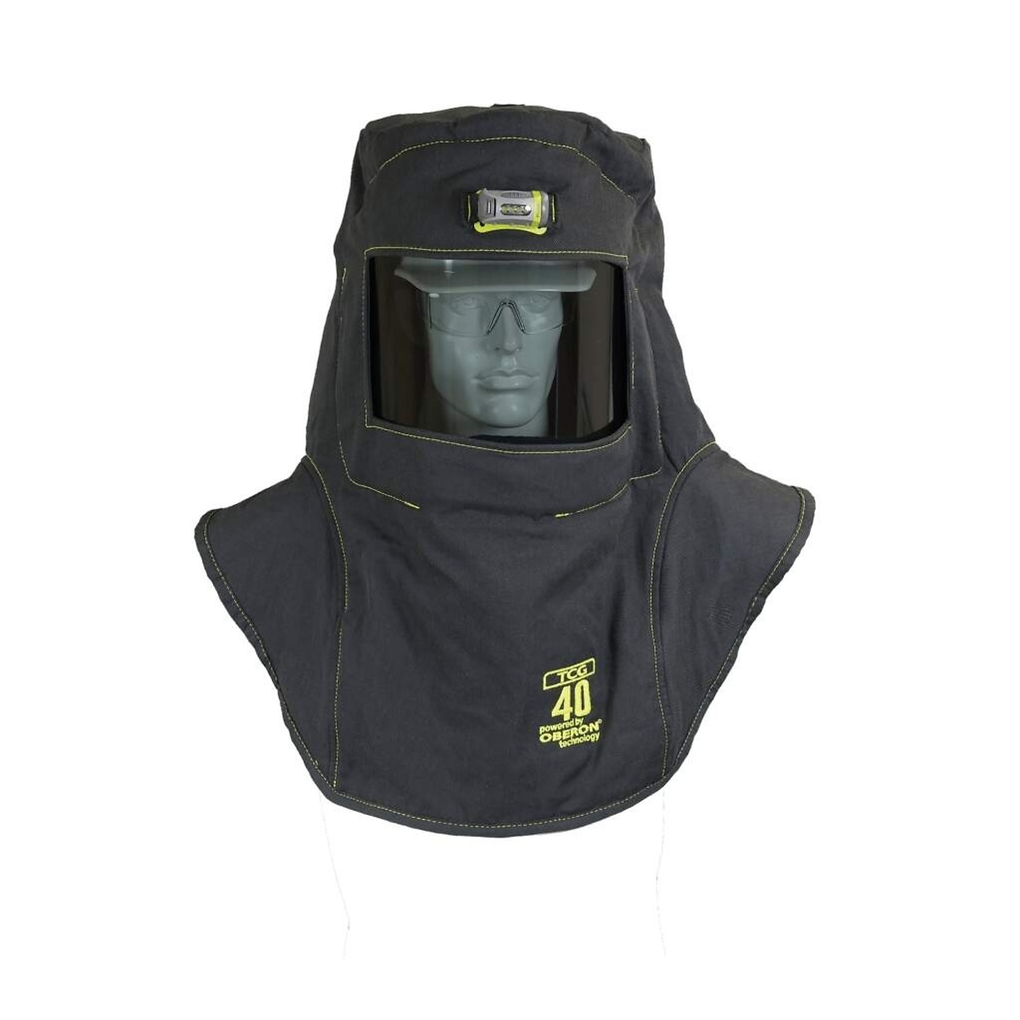 OBERON™ - Hood with Hard Cap - Arc Flash - 40 Cal TCG™ - With Fresh Air Arc Flash Hood Ventilation System & Light - Canadian - Color: Black - Window: True Color Grey (TCG™) - Model # TCG40-CC+HVS